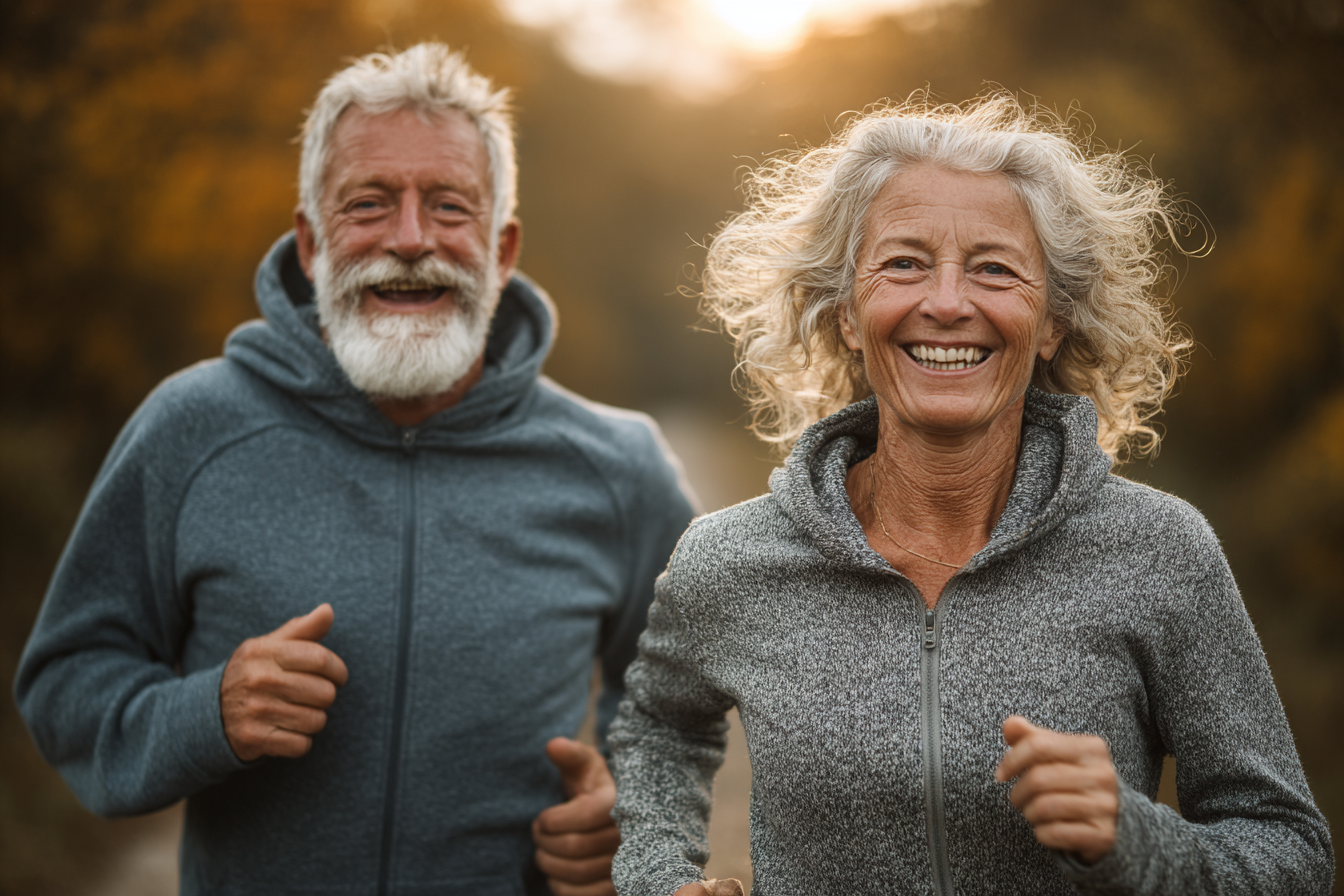 Adulți maturi practicând exerciții de echilibru în natură